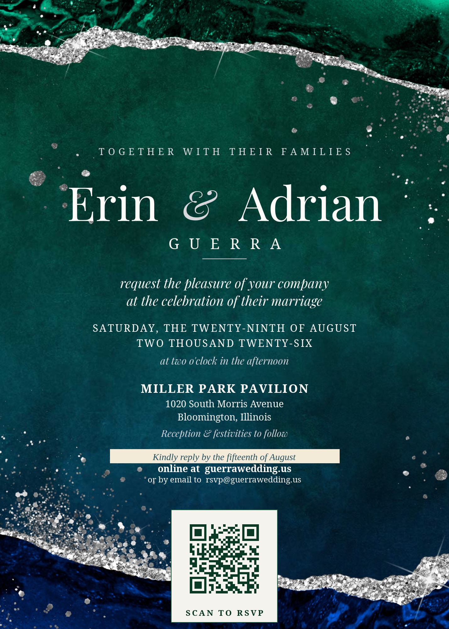 Erin and Adrian Guerra Wedding Invitation - Saturday, August 29, 2026, 2:00 PM - Miller Park Pavilion, Bloomington, Illinois - RSVP at guerrawedding.us