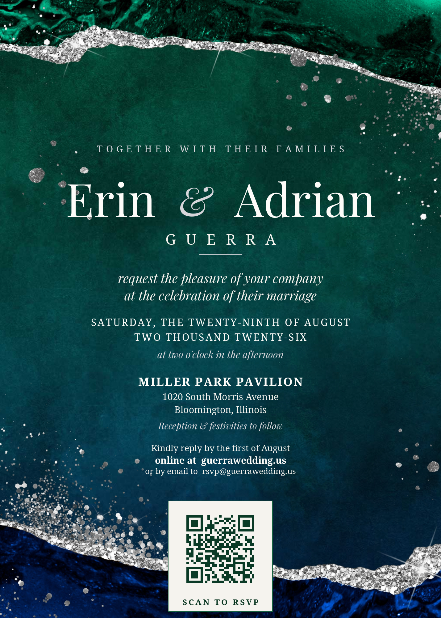 Erin and Adrian Guerra Wedding Invitation - Saturday, August 29, 2026, 2:00 PM - Miller Park Pavilion, Bloomington, Illinois - RSVP at guerrawedding.us